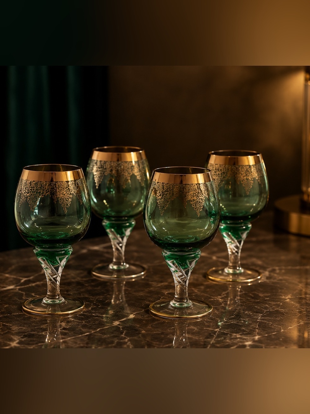 Set of 4 Emerald Green & Gold Cordial Glasses | Vintage Style Stemware